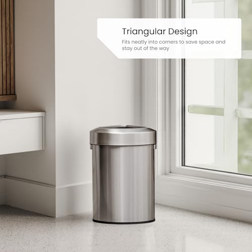 Commercial 16-Gallon Stainless Steel Trash Can with Open Top Lid - Brushed Silver, Triangular