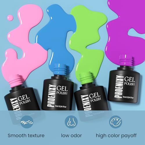phoenixy 60 Pcs Gel Nail Polish Set, 54 Colors Soak Off Gel Polish Milky White Burgundy Red Blue Yellow All Season 6 Pcs Base Top Coat DIY Beginners Gift Set for Women
