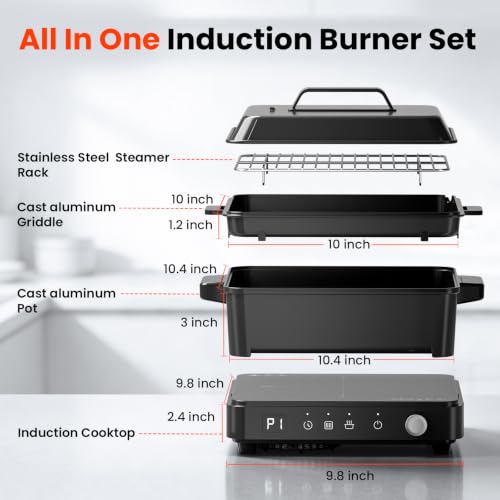 Portable Induction Cooktop with Griddle and Pot - 1500W, Non-Stick Surface