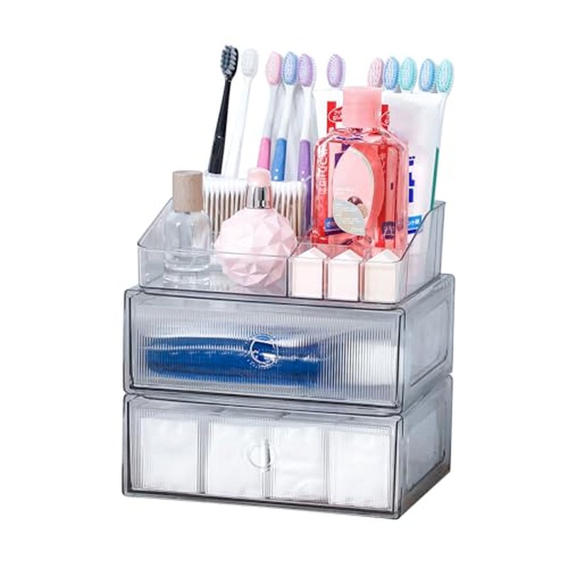 3-Tiers Makeup Organizer with Drawer, Stackable Skincare Storage Box for Vanity and Bathroom, Beauty Essentials, Cosmetic Brushes, Perfume Stand, Large Lipsticks Holder