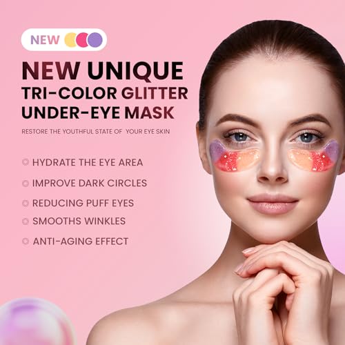 Tri-Color Glitter Under Eye Patches (48 Pairs) for Dark Circles & Puffiness - Nourishing Collagen & Hyaluronic Acid