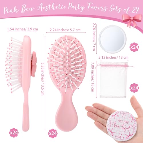 Pink Butterfly Wedding Party Favor Set - Mirror & Hair Brush with Coquette Bow Variation