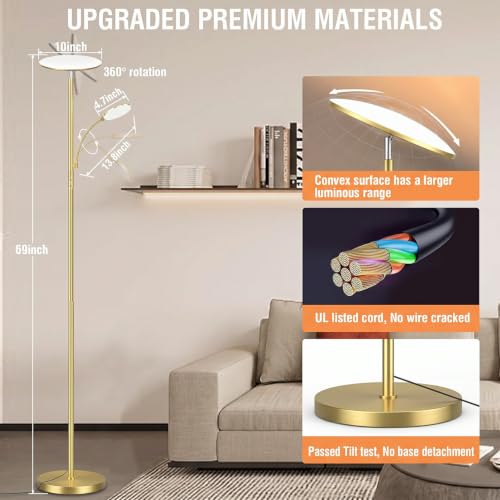 Brushed Gold Floor Lamp with Articulated Reading Light - 44W/4500LM Stepless Dimmable Standing Lamp for Living Room & Office