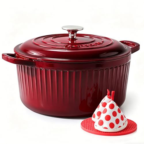 Enamel Cast Iron Dutch Oven Pot with Lid & Cotton Potholders - Burgundy Red, 6.5 Qt