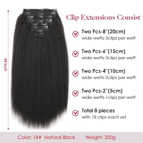 Kinky Straight Clip-In Hair Extensions 24 Inch Natural Black 200G 8pcs - Variation #1B