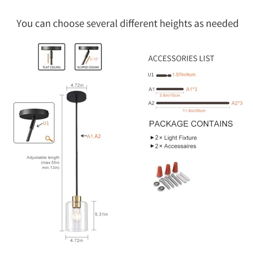 KLSS Black Brass Pendant Lights for Kitchen Island - 2 Pack, Clear Glass, 12 & 4 Inch Stems