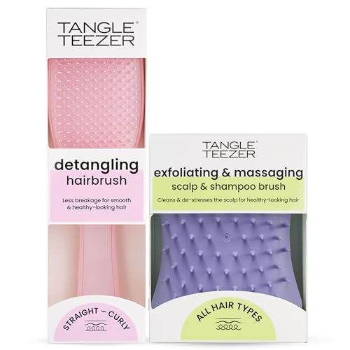 Detangler Hairbrush & Scalp Massager Bundle for All Hair Types - Pink & Purple