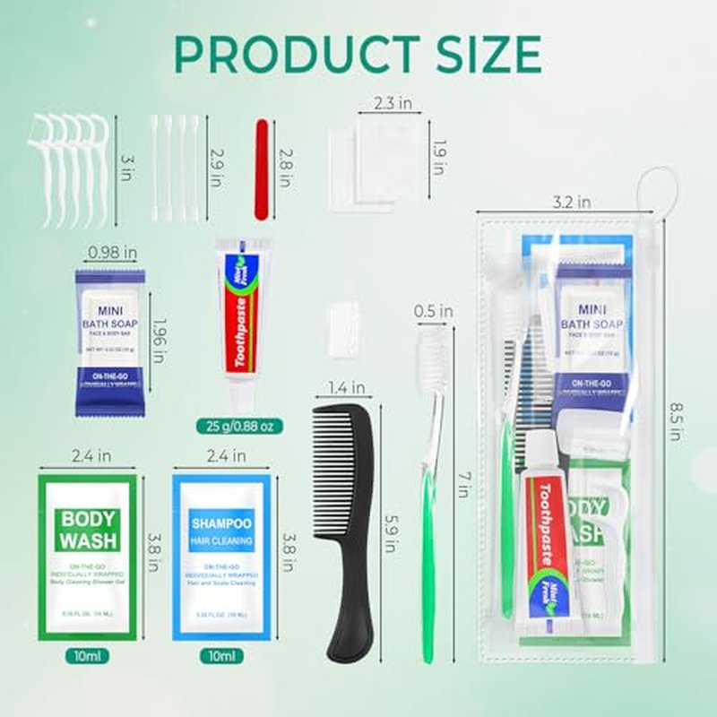 50 Sets Personal Hygiene Kit Bulk,10-IN-1 Green Individually Wrapped Disposable Travel Toothbrushes and Hotel Vanity Set Basic Toiletry Supplies for Homeless,Guests,Charity
