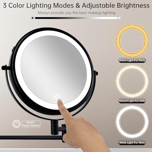 JANEEVA 8" Wall Mounted Lighted Makeup Mirror,Rechargeable Double Sided 1X/10X Magnifying Mirror with 3 Color Lights,Touch Dimmable Bathroom Vanity Mirror with 360¡ÆSwivel Extendable Arm Matte Black