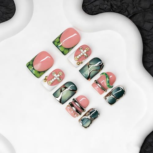 OCOUYVD Green Short Square Press On Nails with 3D Silver Embossed Designs and Rhinestones - Muti-Layer Gel Acrylic Fake Nails for Women, 10 Pcs