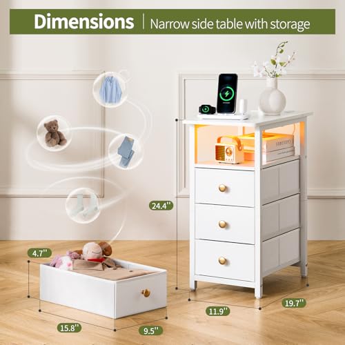 White End Table with Charging Station & 3 Fabric Drawers - Slim Nightstand for Small Spaces