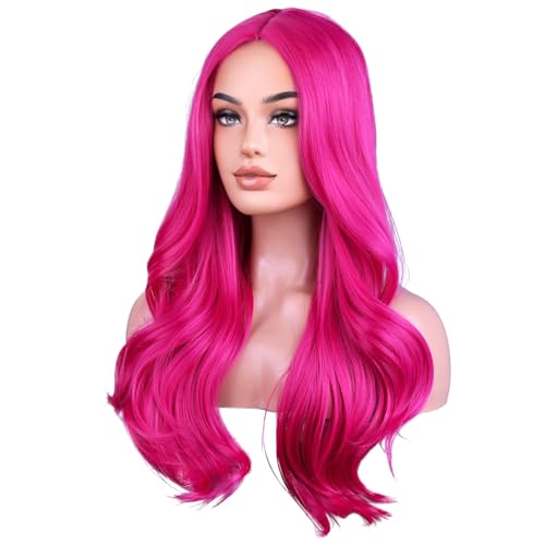 BERON Rose Red Long Curly Wavy Wig for Women Girls 24 Inch Heat-Resistant Synthetic Fiber