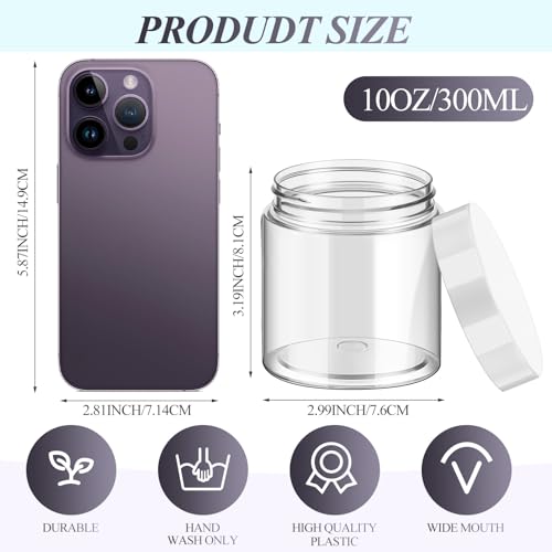 Patelai 16 Pack 10 oz Empty Slime Container Jars with Lids Round Clear Plastic Jars Wide Mouth Refillable Storage Organizer for Slime Making, DIY Crafts, Cosmetic, Home and Kitchen Organizing (White)