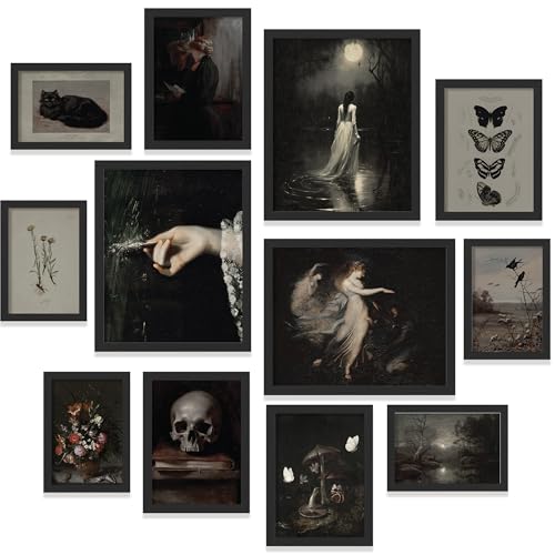 Dark Academia Gothic Wall Art Set - Framed Poster Collection 12x8x10 Black Frame