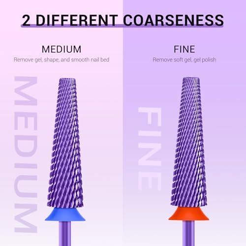 MelodySusie Super Long 5 in 1 Nail Drill Bits, 3/32'' Carbide Tungsten Bits, Suitable for Manicure Pedicure Cuticle Gel Polishing, Professional Advanced Bits, Purple, Series Bit-X, Fine