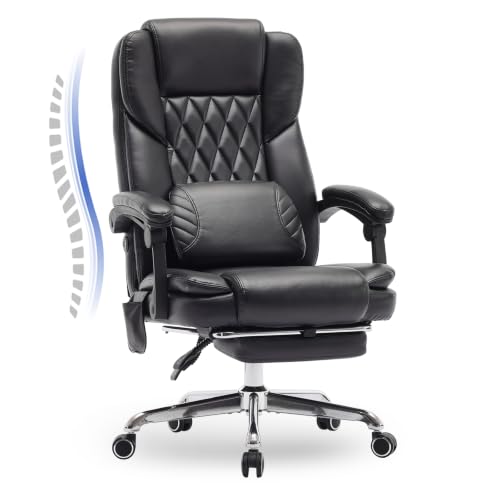 Massage Office Chair with Footrest & Lumbar Support - Black, Set of 1 - Ergonomic Executive Desk Chair
