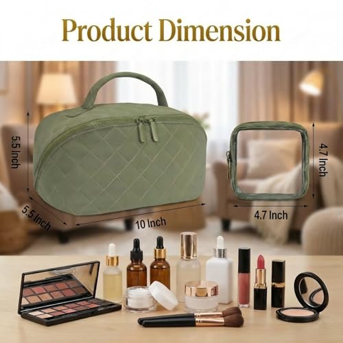 Lay Flat Makeup Bag Organizer for Women Large Capacity Travel Toiletry Bag Wide Open Cosmetic Bags Puffy Makeup Case with Compartments Waterproof Pouch for Toiletries & Brushes (Green)