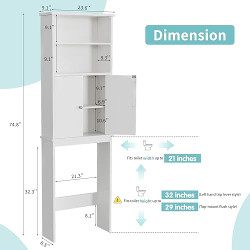 Over the Toilet Storage Cabinet with 2 Open Shelves and Door - White, 2-Tier Bathroom Organizer