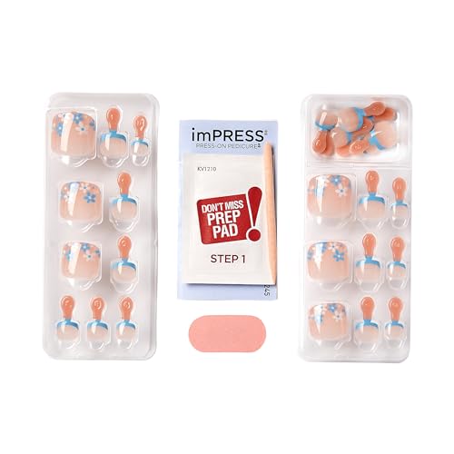 KISS imPRESS No Glue Pedi Press-On Nails, Design, 'Paradise Ticket', Light Beige, Short Size, Squoval Shape, Includes 24 Nails, Prep Pad, Instructions Sheet, 1 Manicure Stick, 1 Mini File