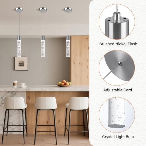 Nickel Cylindrical Pendant Lights Kitchen Island 3 Pack - Modern Crystal Bubble Ceiling Fixtures with Integrated LED