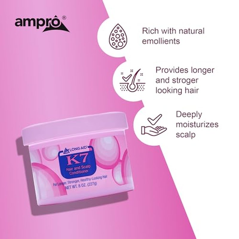 Long Aid Ampro Long-Aid K7 Hair and Scalp Conditioner - Rich with Natural Emollients - Provides Stronger Hair and Scalp for All Hair Textures - Protects Against Humidity and Nature - 8 oz