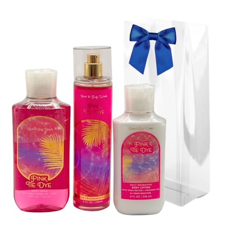 Bath & Body Works PINK TIE DYE - 3pc Bundle - Fine Fragrance Mist, Body Lotion, and Shower Gel Gift set with a Blue Bow for Holidays - LIMITED EDITION