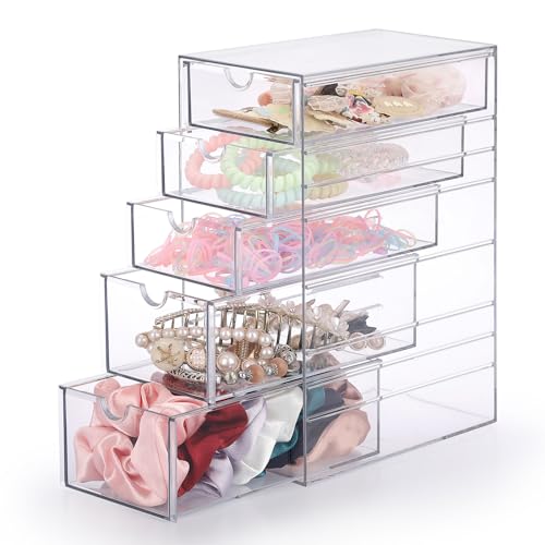 Hipiwe 5-Drawer Plastic Storage Organizer for Hair Accessories, 6.9Lx4.1Wx9.8H - Clear