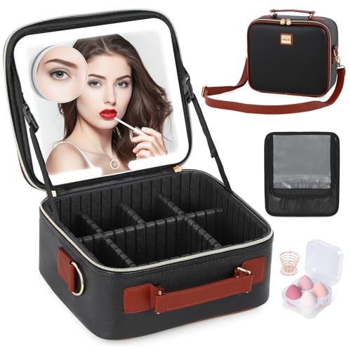 Travel Makeup Bag with Led Mirror Make up Case with Lighted Mirror Cosmetic Organizer bag with Adjustable Dividers and 5X Magnifying Mirror Makeup Box Vanity Case for Women