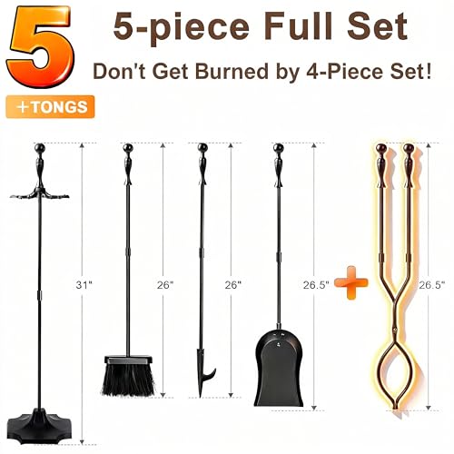 AMAGABELI Fireplace Tools Set 5 Pieces with Pyramid Base Black - 31 Inch Wrought Iron Fireplace Accessories
