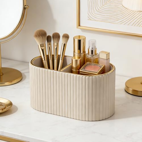 KINGFOM Makeup Brush Holder Organizer with Divider - Mocha Beige Leather Vanity Storage