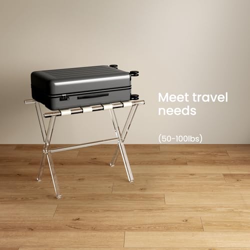 Sumerflos Beige Acrylic Luggage Rack with Leather Straps - Foldable Suitcase Stand for Hotel & Bedroom, Heavy-Duty 50-100 lb