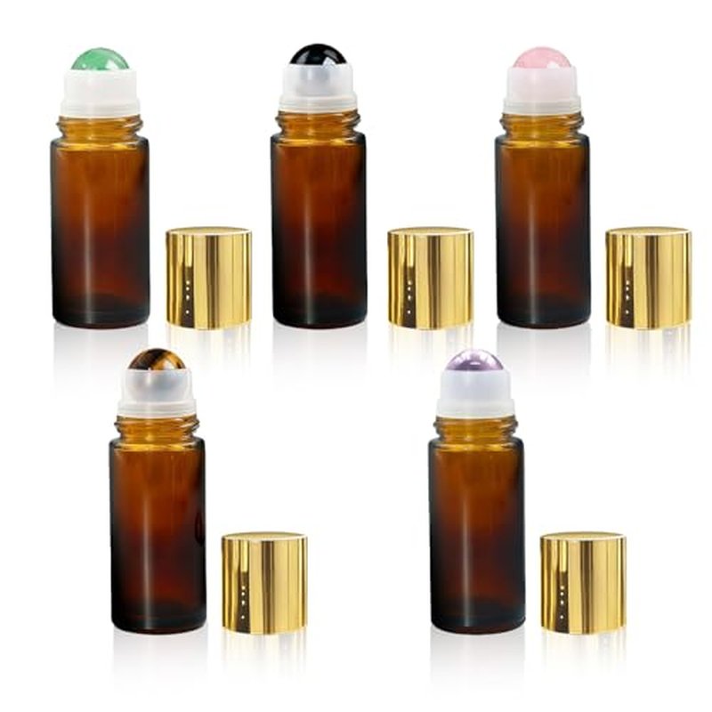 5 in 1 Roller Bottles for Essential Oils, 50ml Refillable Amber Glass Roll On Bottles with Natural Crystal Roller Balls, Leak-Proof Travel Perfume Bottle with Gold Caps
