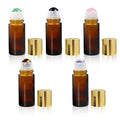 5 in 1 Roller Bottles for Essential Oils, 50ml Refillable Amber Glass Roll On Bottles with Natural Crystal Roller Balls, Leak-Proof Travel Perfume Bottle with Gold Caps