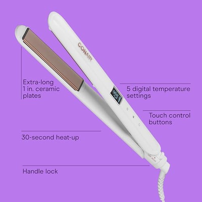 Conair Double Ceramic Flat Iron, 1-Inch Flat Iron, 5 Digital Temp Settings Up to 410¡ÆF, Extra-Long Plates, For All Hair Types and Textures, White