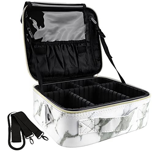 Oewoer Marble White Travel Makeup Bag 10.4in Organizer Case with Adjustable Dividers & Shoulder Strap