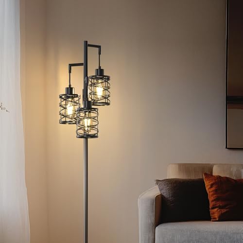 Oneach 70-Inch Black Industrial Floor Lamp with 3 Dimmable Bulbs, Farmhouse Corner Standing Tree Lamp for Living Room & Bedroom