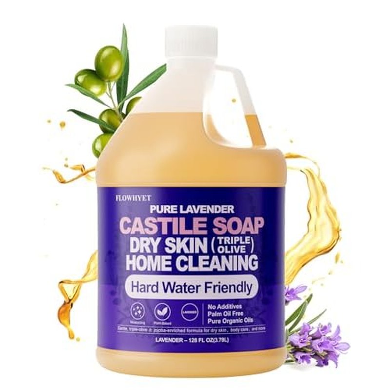 1 Gallon Pure Castile Soap Liquid Lavender, Natural Organic Hand Soap, For Dry Skin, Hand, Face, Body £¦ Home Cleaning, Vegan Hard Water Friendly- 128 fl oz