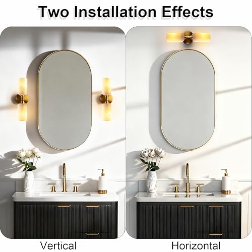 Gold Wall Sconce with Marble Shade - 15in Modern Bathroom Vanity Light