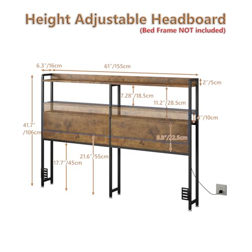 Rustic Brown Queen Headboard with Storage & RGB LED Lights - Height Adjustable, Outlets & USB Ports