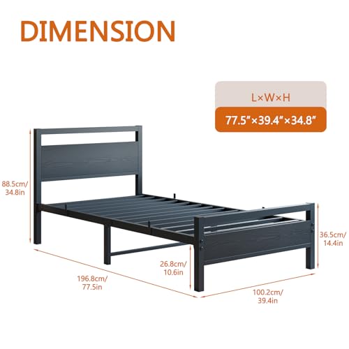 Black Twin Bed Frame with Wooden Headboard, Metal Platform, No Box Spring Needed