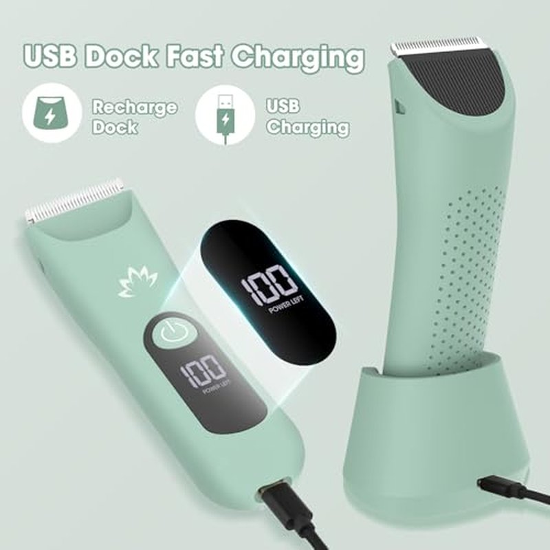 Bikini Trimmer for Women, Painless Pubic Hair Trimmer for Armpit Leg Arm Body Private Area,Rechargeable Womens Electric Razors Shaver LED Light Ceramic Blade IPX7 Waterproof Wet/Dry LCD Display,Green