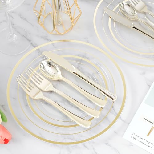 BESTVIP Clear Gold Plastic Plate Set for 100 Guests - Disposable Dinnerware for Weddings & Parties