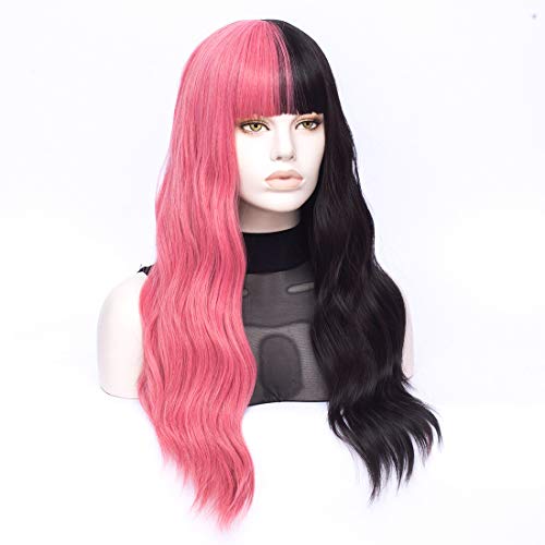 Morticia Pink and Black Wavy Half Wig with Bangs for Cosplay & Parties