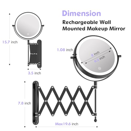 Rechargeable 8-Inch Double-Sided Wall-Mounted Makeup Mirror with 30X Magnification