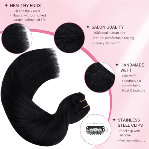 Clip-In Hair Extensions Human Hair 16 Inch Jet Black 120g 7pcs