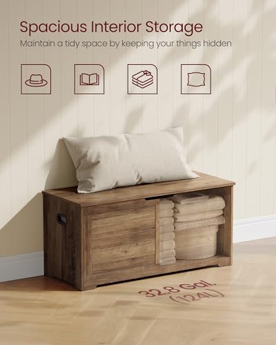 VASAGLE Storage Chest Bench - 39.4 Inch Wide Lidded Storage Ottoman with 2 Safety Hinges, Honey Brown