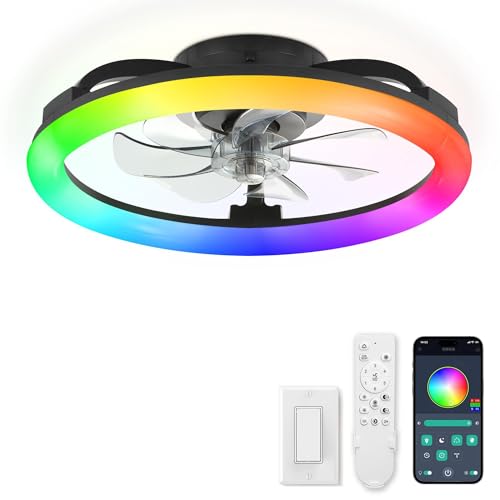 LEDIARY 20 Inch Black RGB Ceiling Fan with Lights & Remote, Dimmable Modern Flush Mount