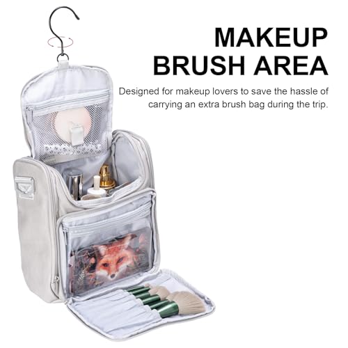 BOOMRICH Large Toiletry Bag for Women, Hanging Leather Travel Makeup Bag with 360¡Æ Hook and Shoulder Strap, Travel Organizer for Full Sized Container, Toiletries, Brushes (Grey)