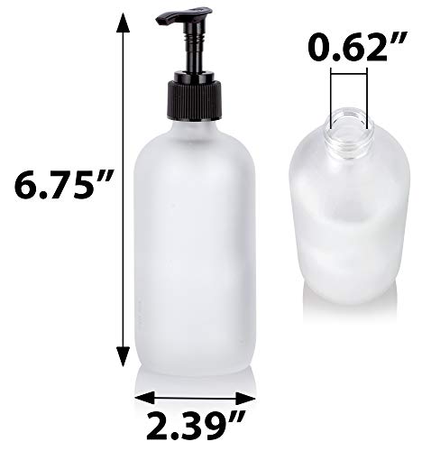 8 oz Frosted Glass Boston Round Bottle with Black Lotion Pump - 4 Pack