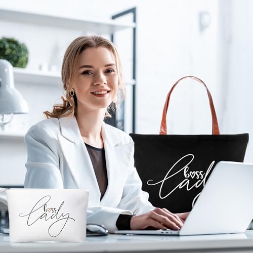 Sieral 2 Pcs Boss Lady Gift Bosses Day Lady Tote Bag with Zipper Makeup Bag Appreciation Gifts for Women Female Leader Coworker Colleague Birthday
